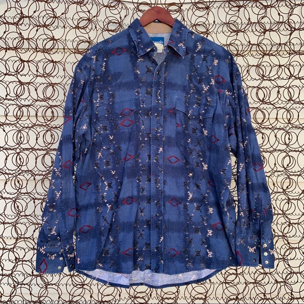 Vintage Wrangler blue aztec southwestern tribal flannel pearl snap shirt LARGE